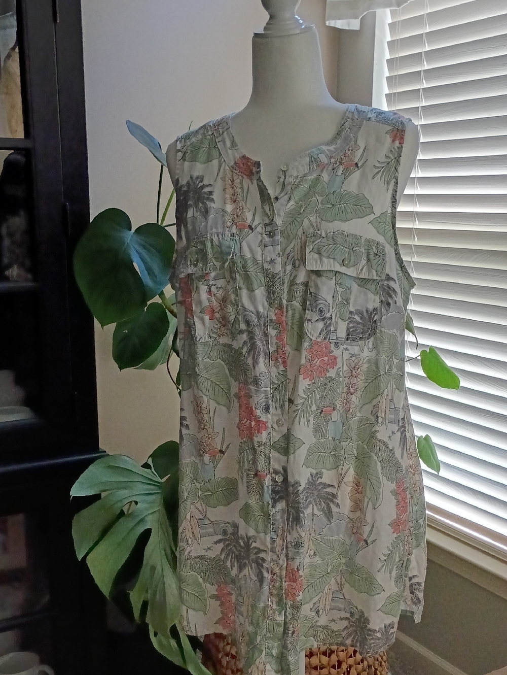 C&C California Tropical Print Linen Button Down Sleeveless Dress Size 1X